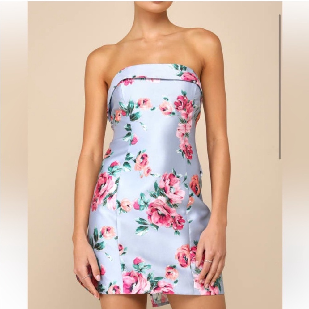 Luxe Wonder Light Blue Floral Taffeta Strapless Bow Mini Dress